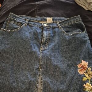 Sage Blue Denim Skirt with Floral Embroidery Size 20
